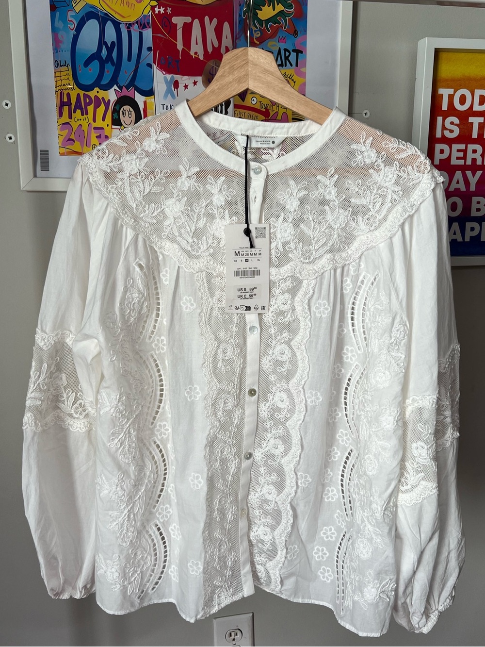 Zara White Lace Pintuck Button Blouse
